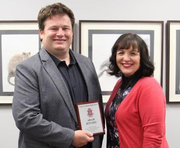 Adam Ritchie with Julie Carrington, his former science teacher at Sydney Technical High School