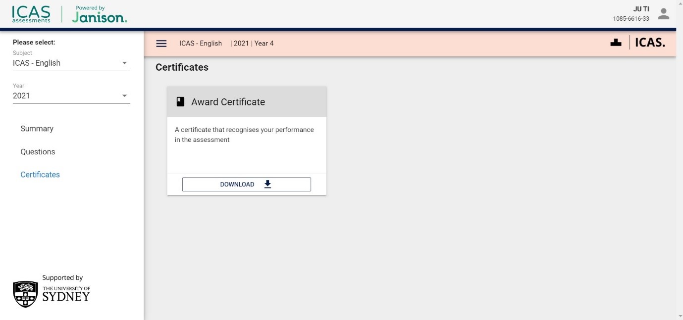 Screenshot of the ICAS certificate